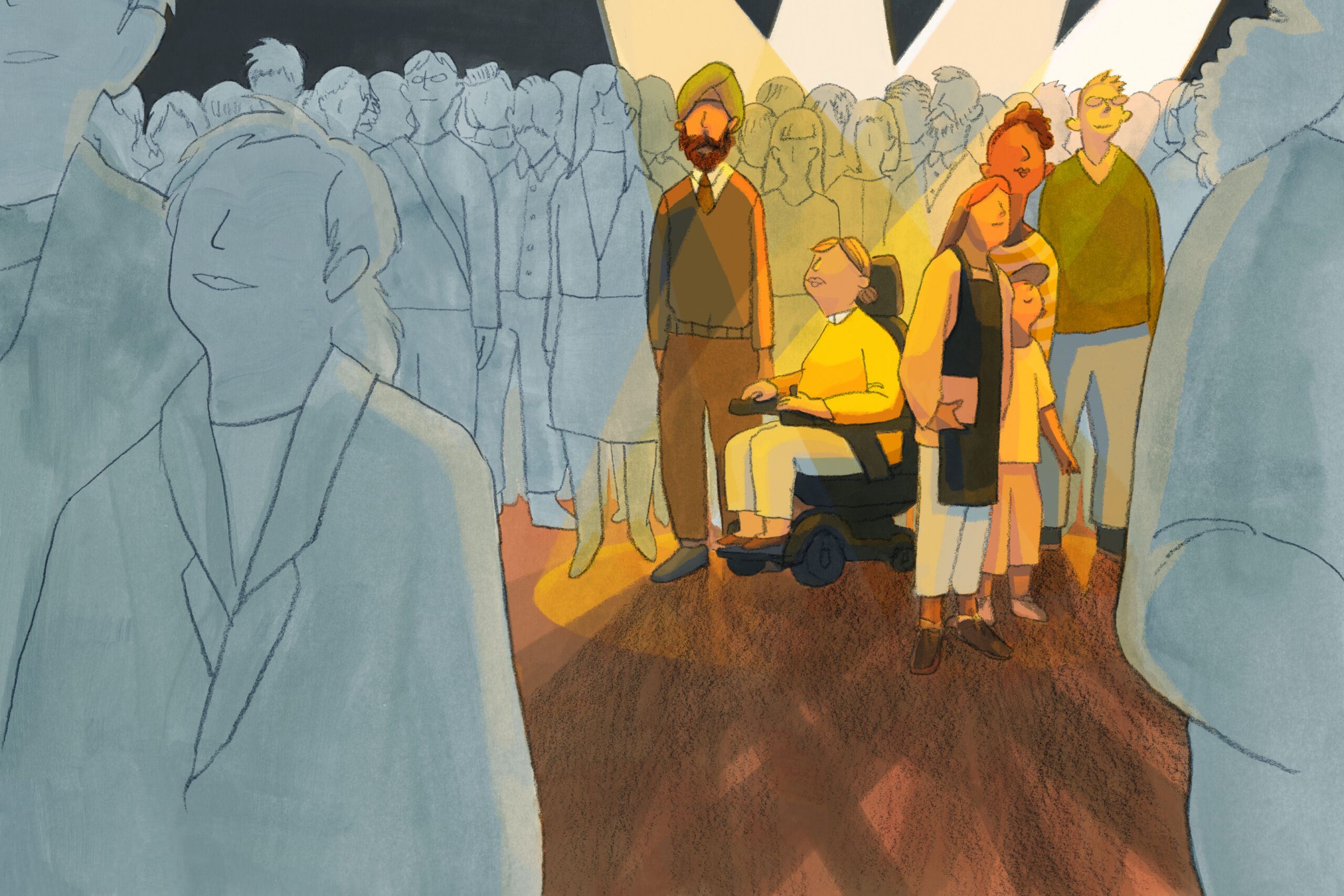 Illustration depicting a crowd of people, with spotlights highlighting individuals who are under-represented in the labour market.