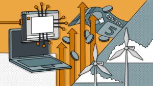 Collage style illustration shows a laptop and computer program running, a five-dollar bill and coins and windmills.