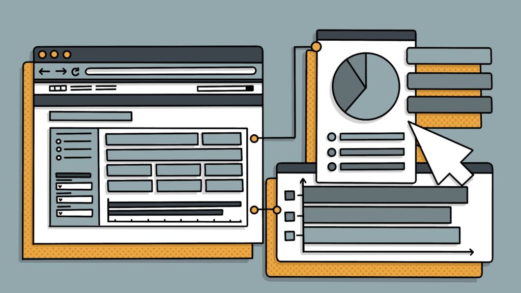 Illustrations of a web browser displaying a dashboard and several graphs.