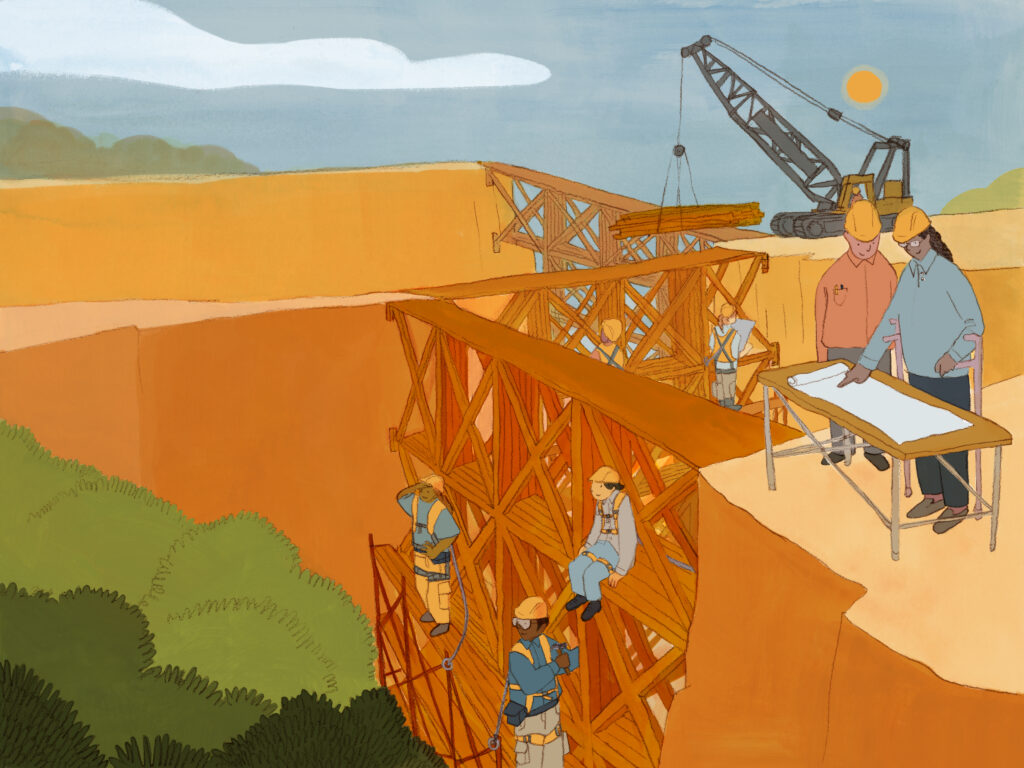 Illustration of workers constructing a dam between two cliffs.