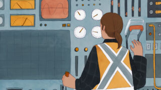 Illustration shows a person facing a panel of mechanical dials, buttons and levers.