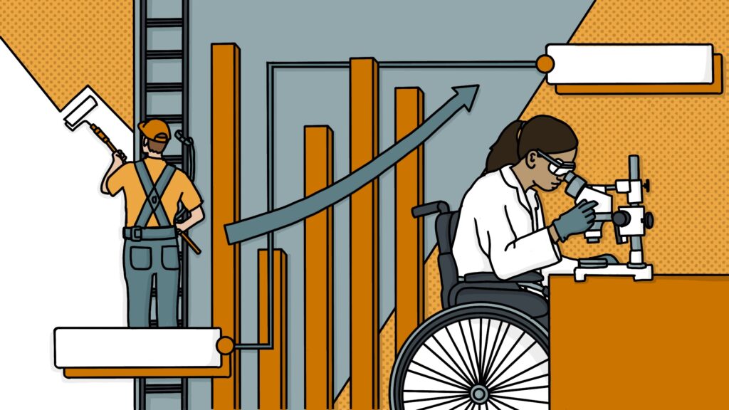 Collage style illustration shows a person on a ladder painting using a roller, beside a woman in a wheelchair using a microscope.