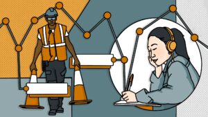 Collage style illustration shows a construction worker moving pylons, beside a woman writing in a notebook.