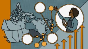Collage-style illustration shows a map of Canada beside a woman with a clipboard.