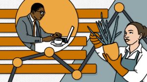 Collage-style illustration shows a woman holding an aloe plant beside a man working at a laptop.