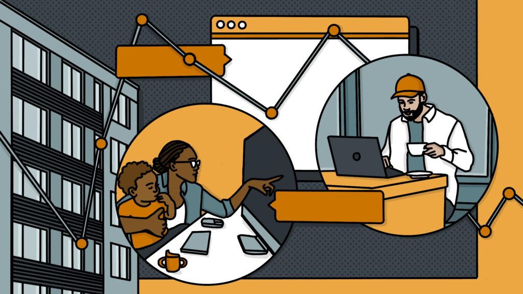 Collage style illustration shows two people working remotely.