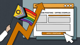 Collage-style illustration shows a pride flag beside an internet browser window displaying a job post.