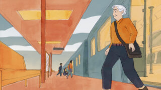 Illustration of a senior person exiting a train, while a group of people board the same train.