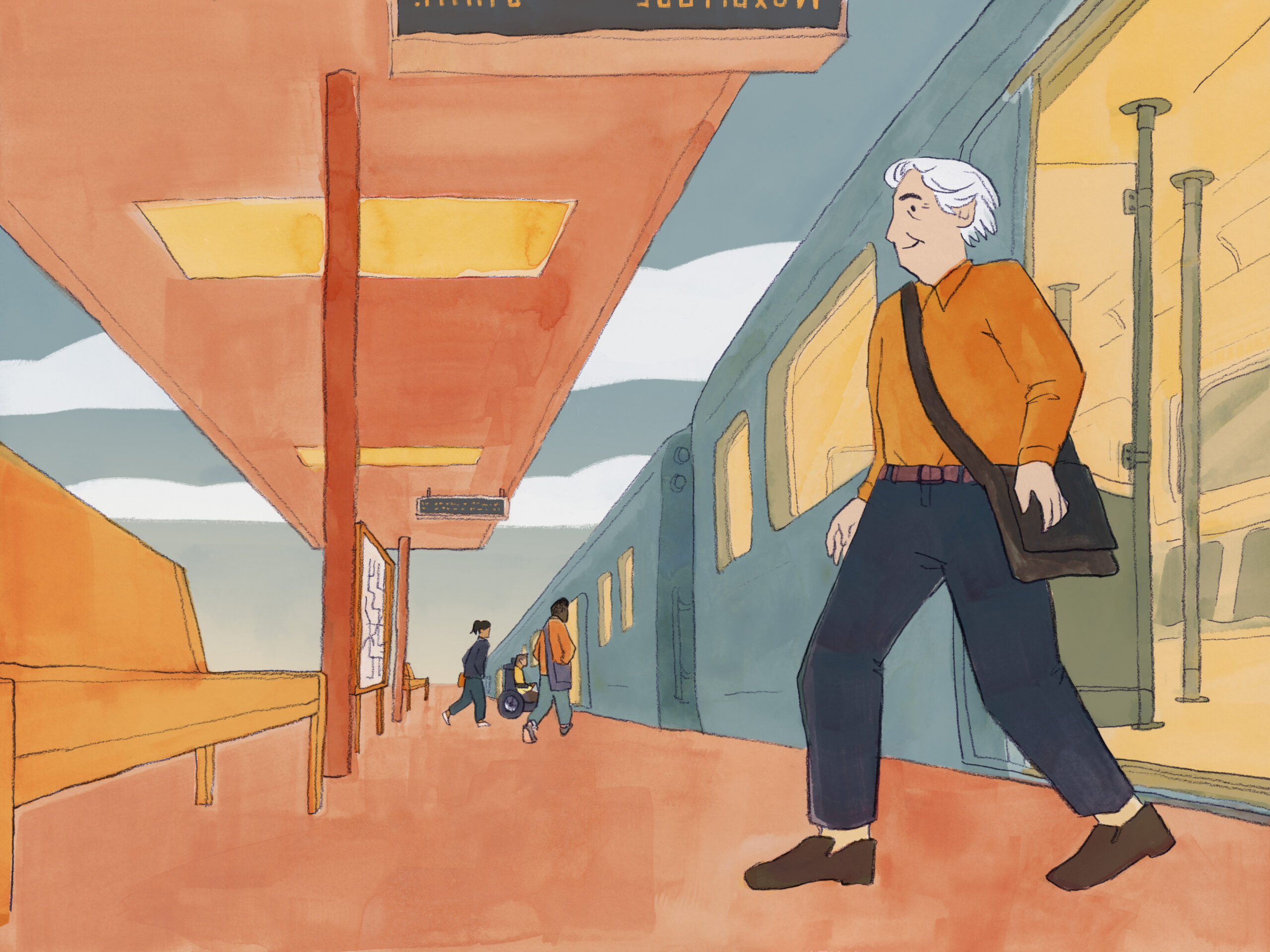 Illustration of a senior person exiting a train, while a group of people board the same train.