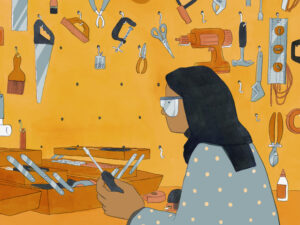 Illustration shows a woman sorting tools in a toolbox.