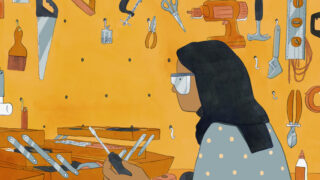 Illustration shows a woman sorting tools in a toolbox.