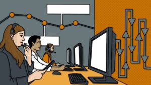 Collage-style illustration shows a row of workers sitting at a computer desk.