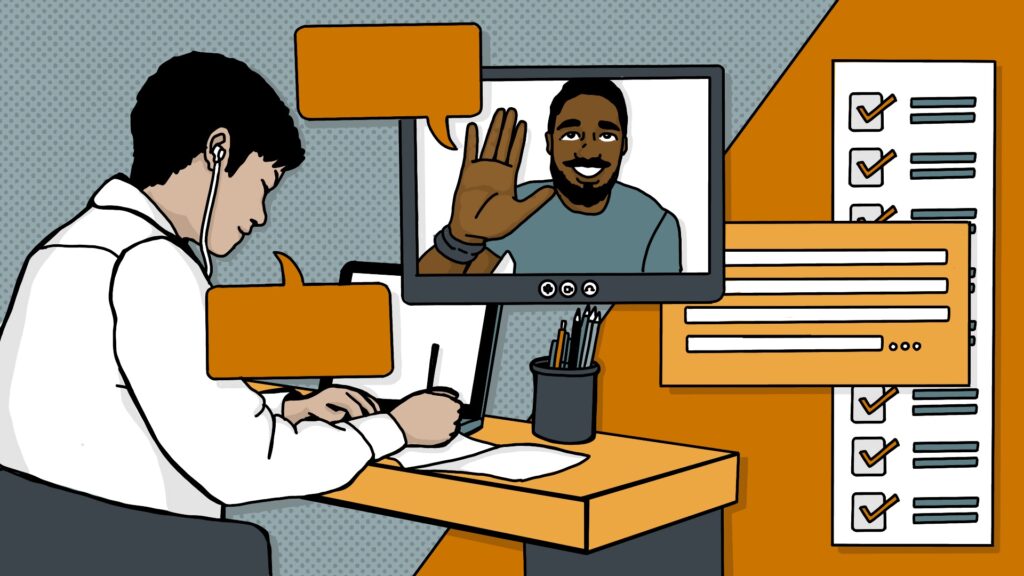 Collage-style illustration shows two people having a meeting via video call.