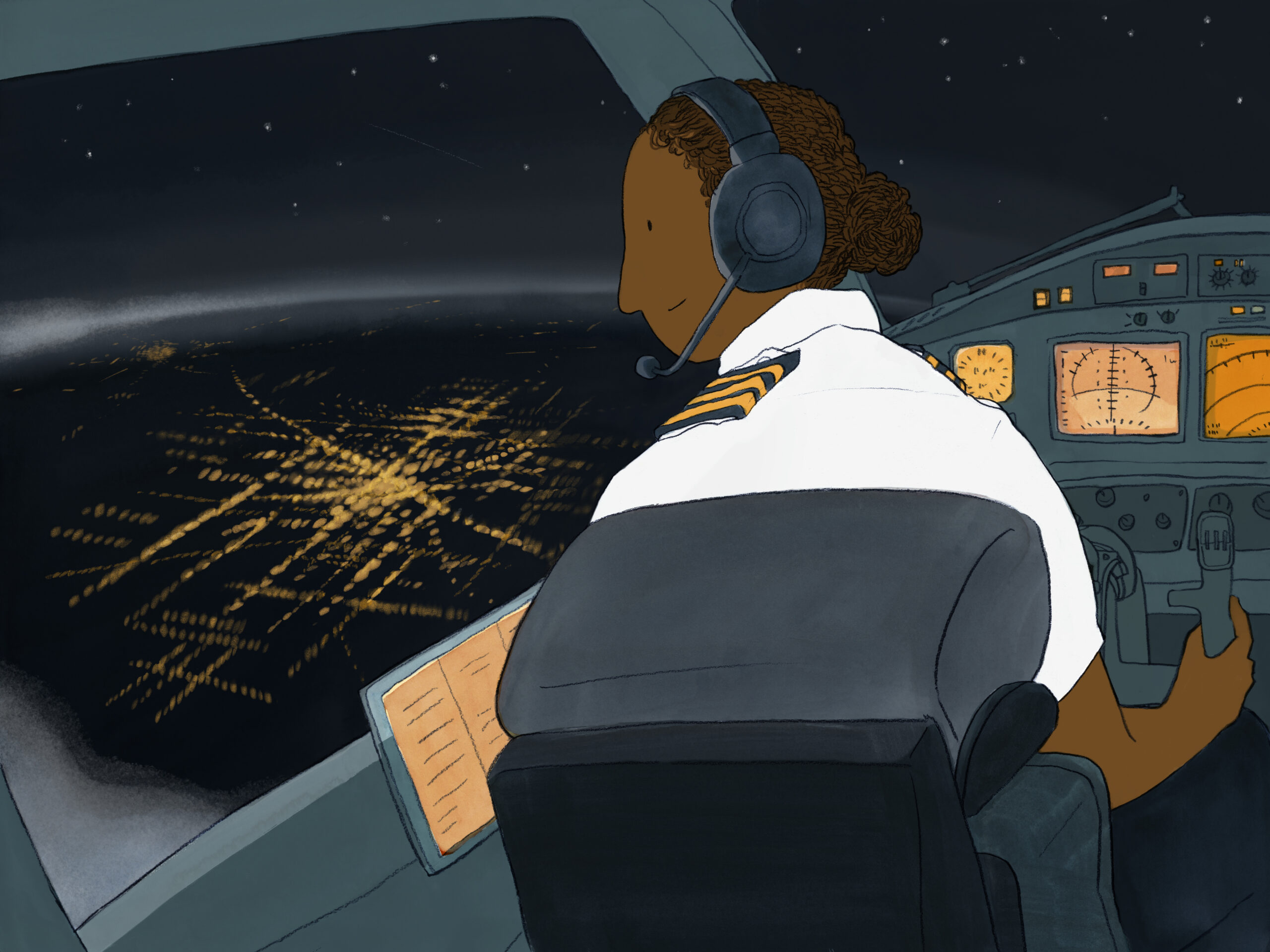 Illustration shows a pilot in a nighttime cockpit flying over a brightly lit cityscape, with glowing dashboard instruments and an open manual resting nearby.