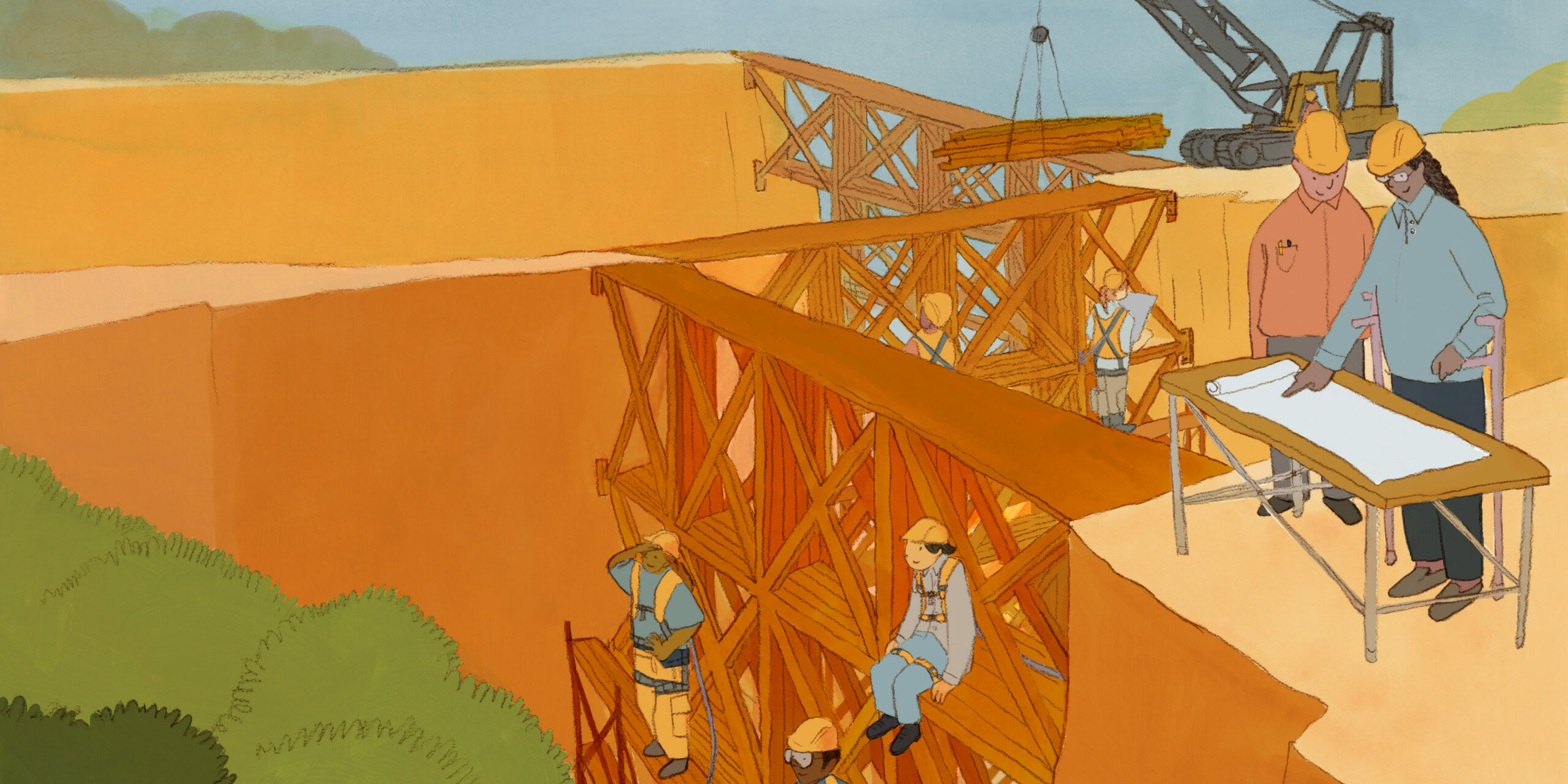 Illustration of workers constructing a dam between two cliffs.