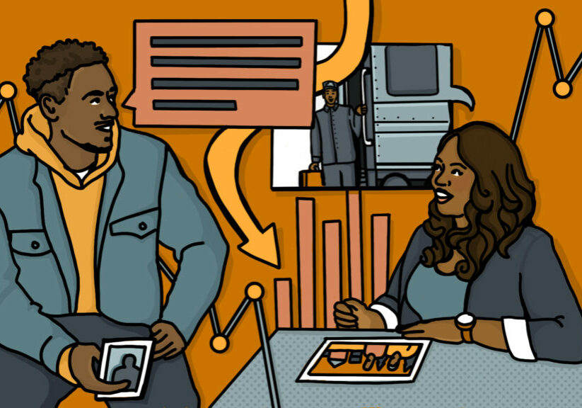 Collage-style illustration shows two young Black people having a conversation.
