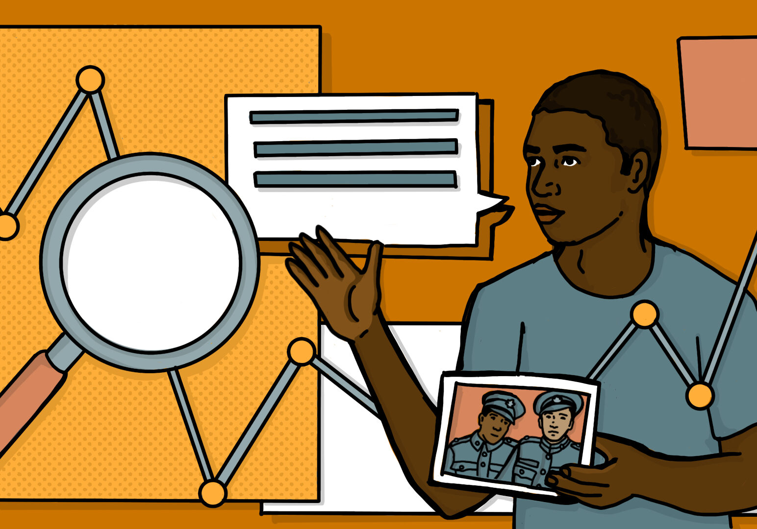 Collage-style illustration shows a young Black man asking questions about a photograph.
