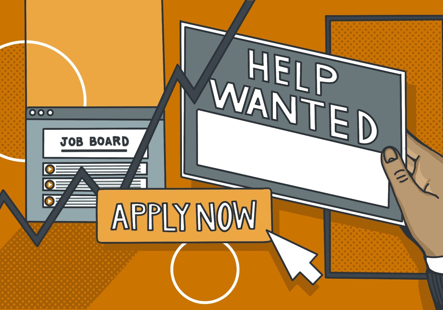 Collage-style illustration shows a series of help wanted signs and job applications.