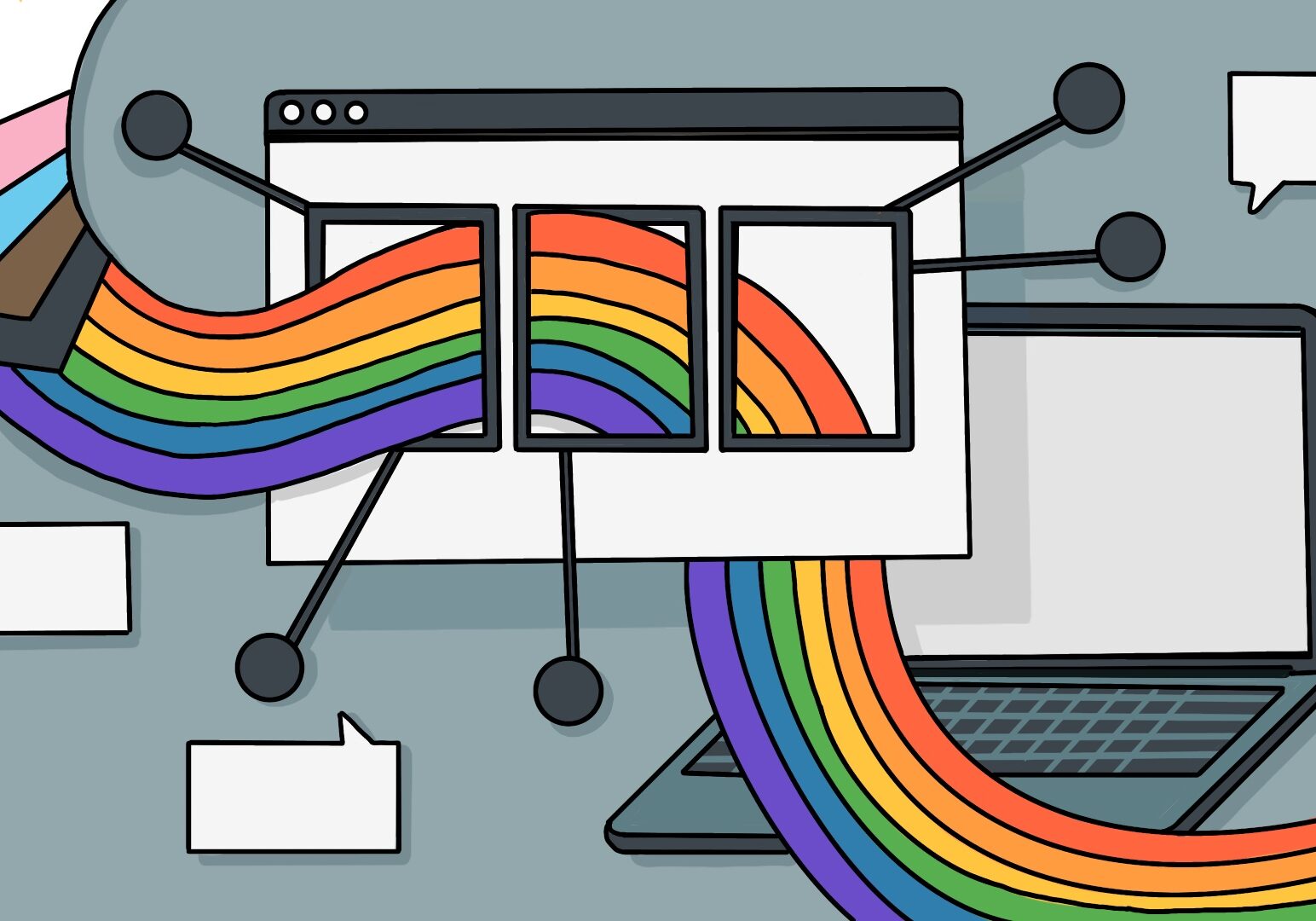 Illustration with a slate grey background, shows a laptop and a computer window open. A pride flag is woven in between the elements on screen.